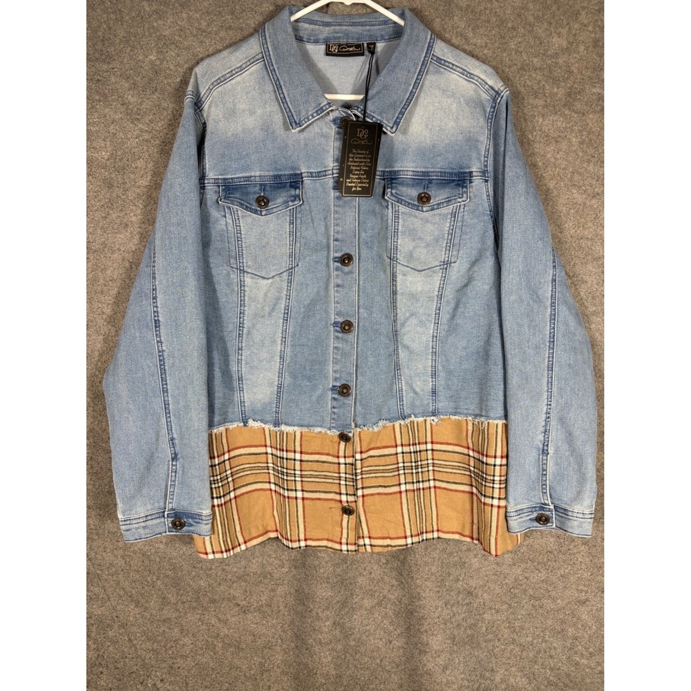 DG2 Diane Gilman Womens 2X Mixed Media Denim Plaid Jacket Light Wash‎ Blue NEW